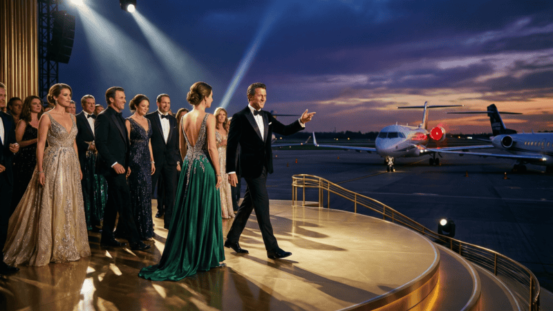 Cérémonie des Grammy Awards avec célébrités en tenues de soirée et jets privés en arrière-plan