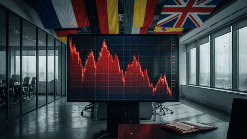 Graphique économique en baisse dans un bureau moderne avec drapeaux européens illustrant le déclin français
