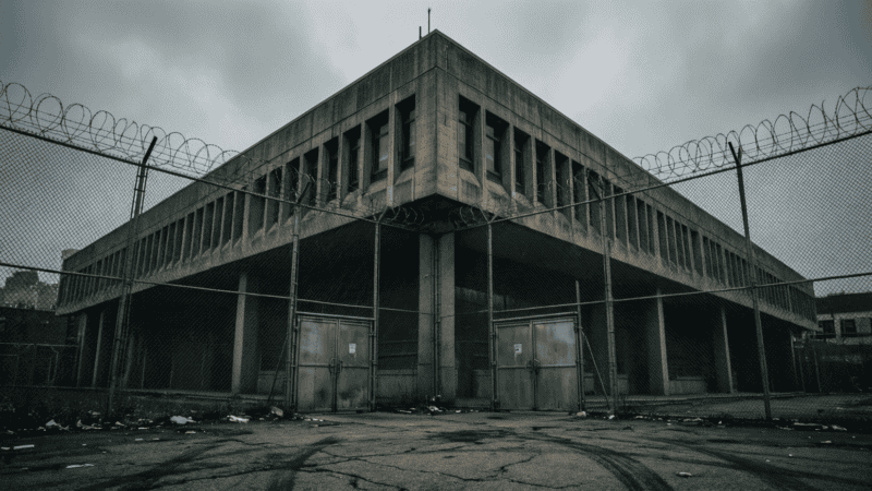 Centre de détention fédéral avec clôture de sécurité sous ciel nuageux