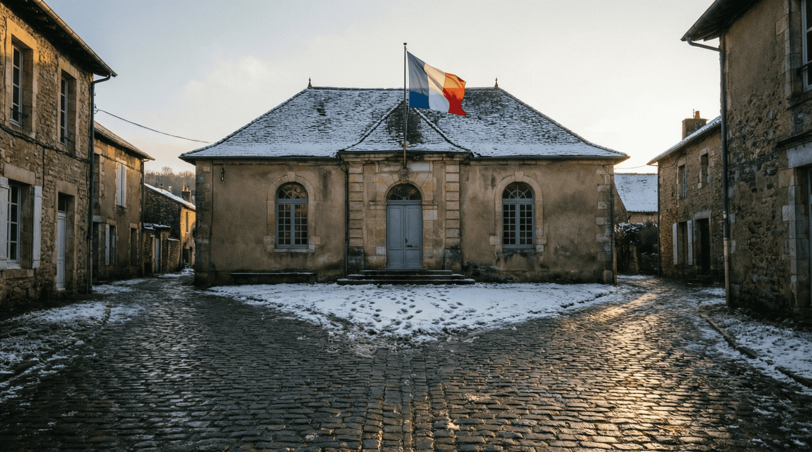 Mairie d'une petite commune française avec drapeau tricolore, place vide
