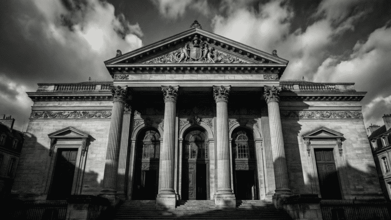 Façade d'un palais de justice français avec colonnes classiques sous un ciel dramatique
