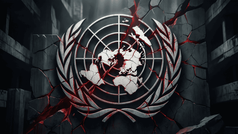 Illustration brutaliste symbolisant la corruption des institutions onusiennes - emblème des Nations Unies fissuré