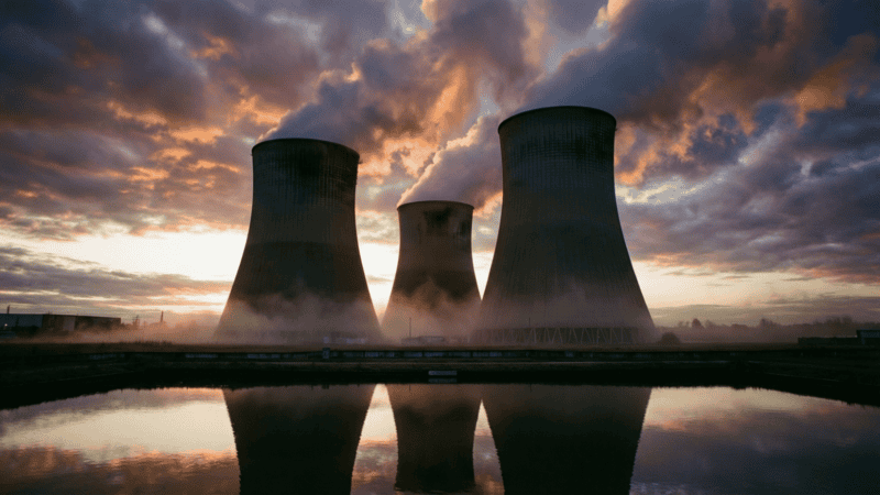 Tours de refroidissement d'une centrale nucléaire française à l'aube