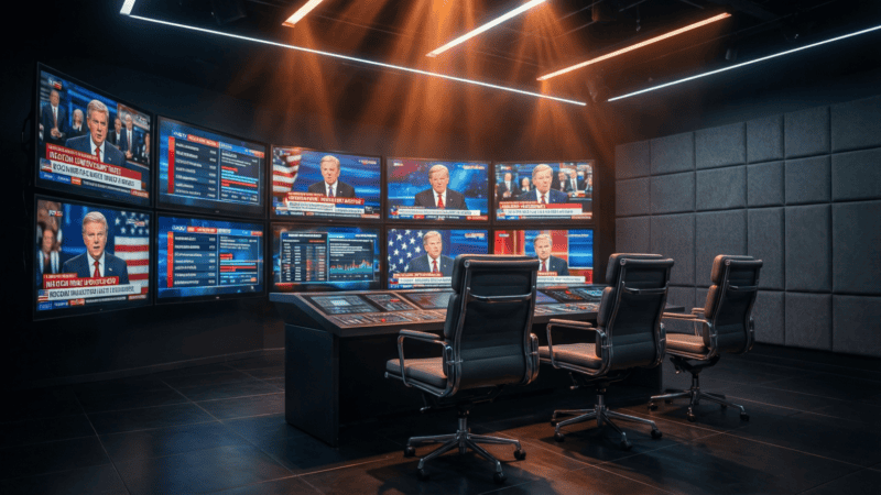 Régie d'un plateau de télévision avec écrans multiples diffusant des émissions politiques