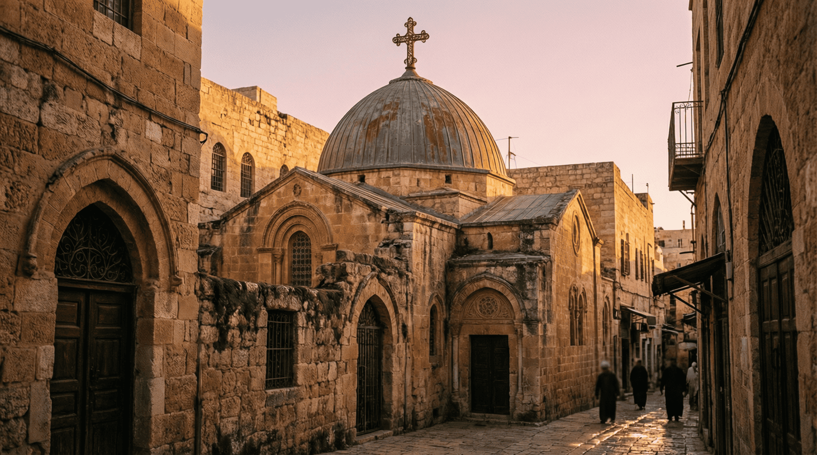 Église ancienne en pierre avec une croix dans la vieille ville de Jérusalem, lumière dorée