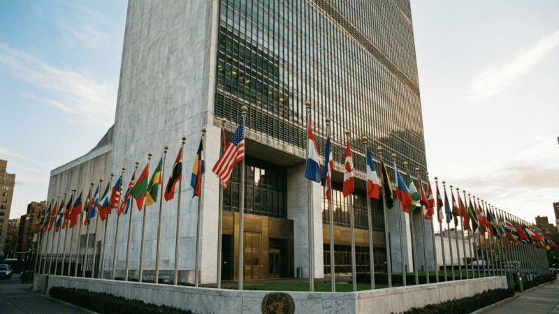 Bâtiment du siège des Nations unies à New York avec drapeaux internationaux