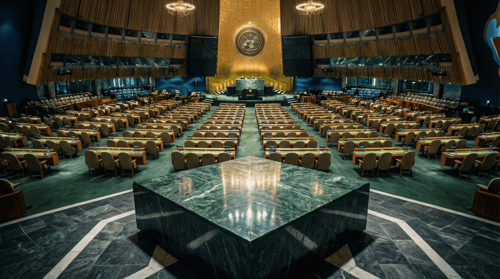 Salle de l'Assemblée générale des Nations unies à New York, vue plongeante sur les rangées de sièges vides