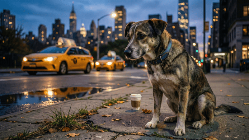 Un chien seul sur un trottoir de New York au crépuscule, taxis jaunes et gratte-ciel en arrière-plan