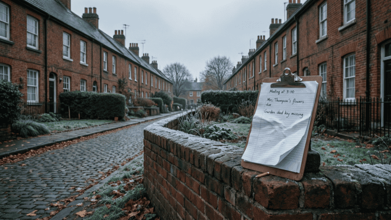 Rue résidentielle anglaise avec maisons en briques rouges, un bloc-notes posé sur un muret de jardin