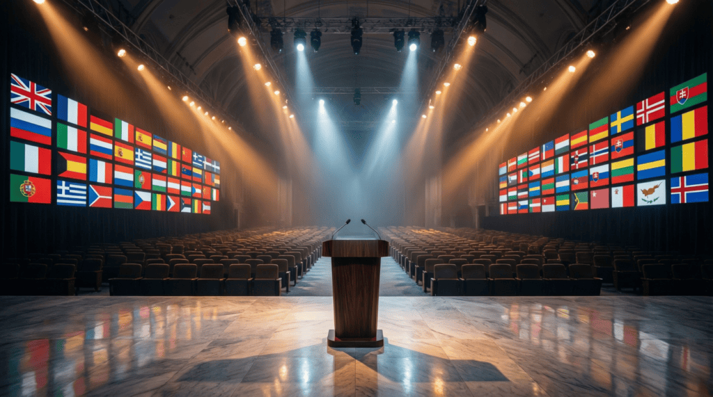 Salle de conférence internationale symbolisant le débat sur la dissuasion nucléaire européenne