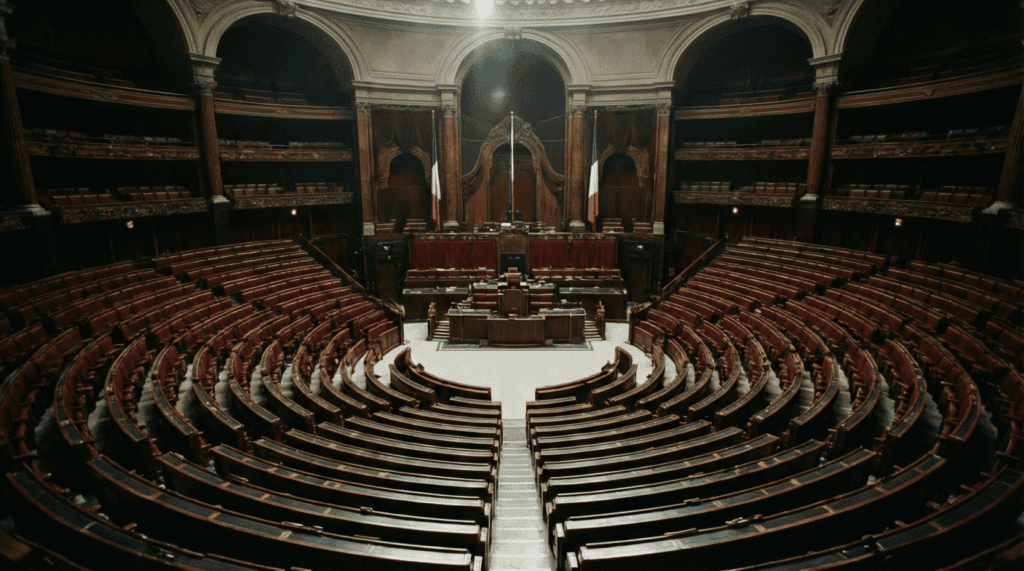 Hémicycle de l'Assemblée nationale française, lieu du scandale des emplois fictifs LFI