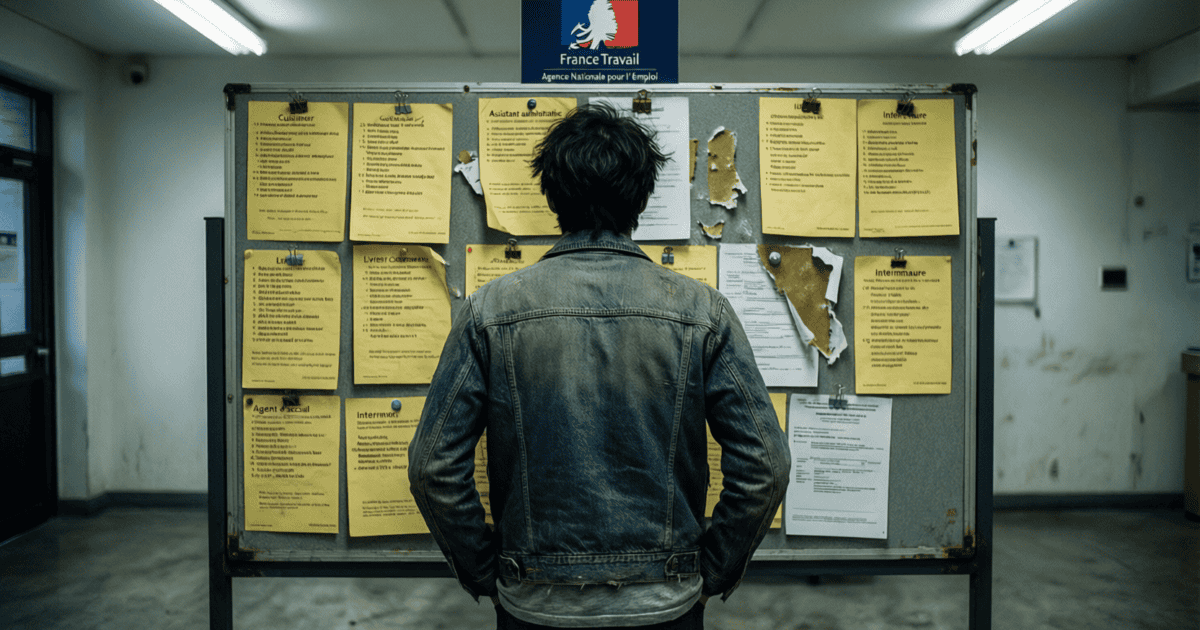 Chômage des jeunes en France : un jeune devant un panneau d'offres d'emploi vide dans une agence France Travail