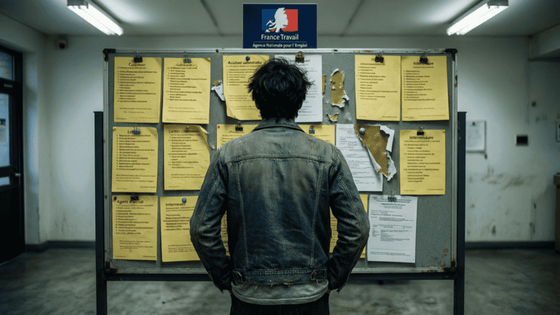 Chômage des jeunes en France : un jeune devant un panneau d'offres d'emploi vide dans une agence France Travail