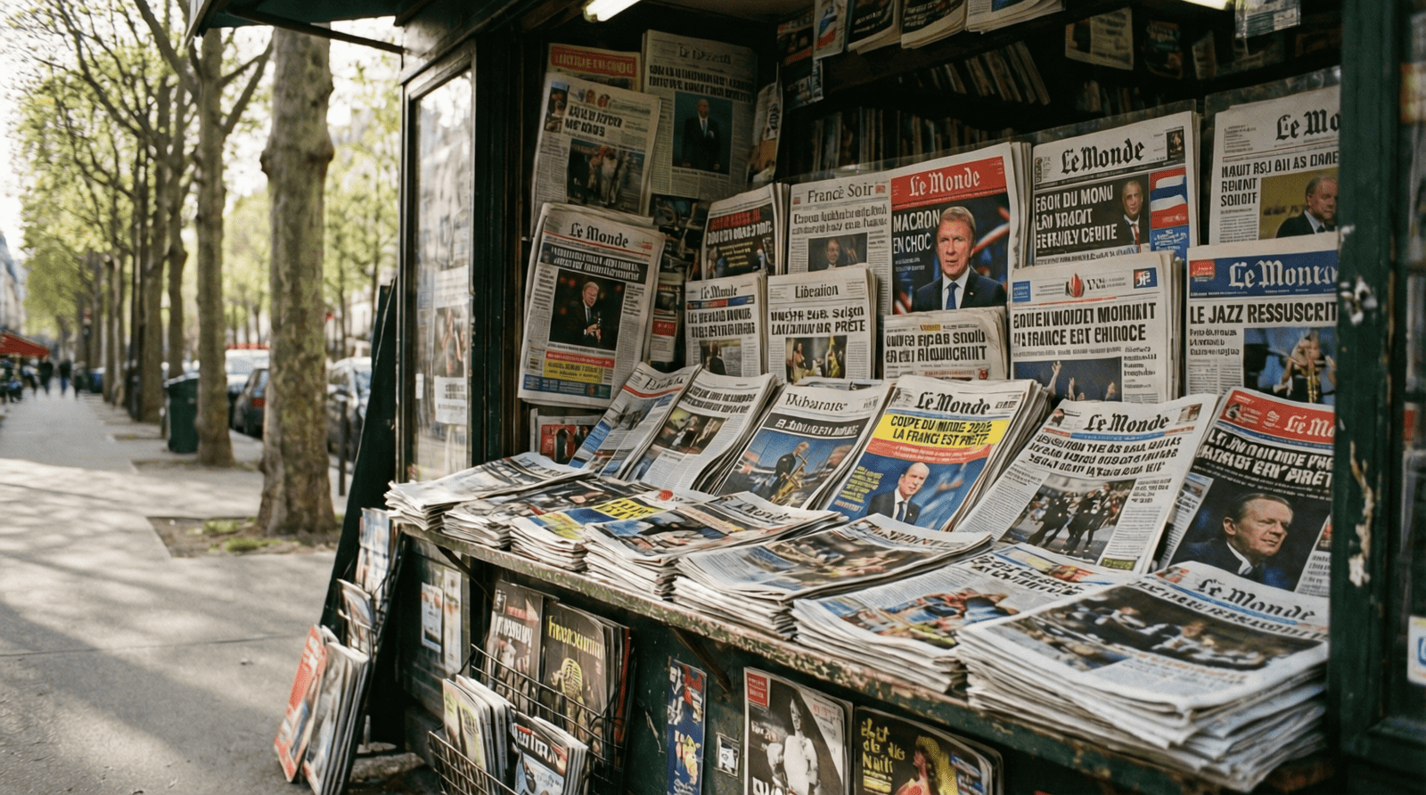 Kiosque à journaux parisien avec une mosaïque de unes de quotidiens français