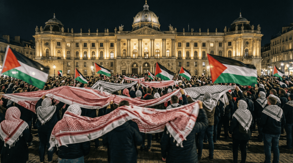 Célébrités brandissant des symboles pro-palestiniens sur un tapis rouge, illustrant l'activisme Gaza dans les milieux culturels occidentaux