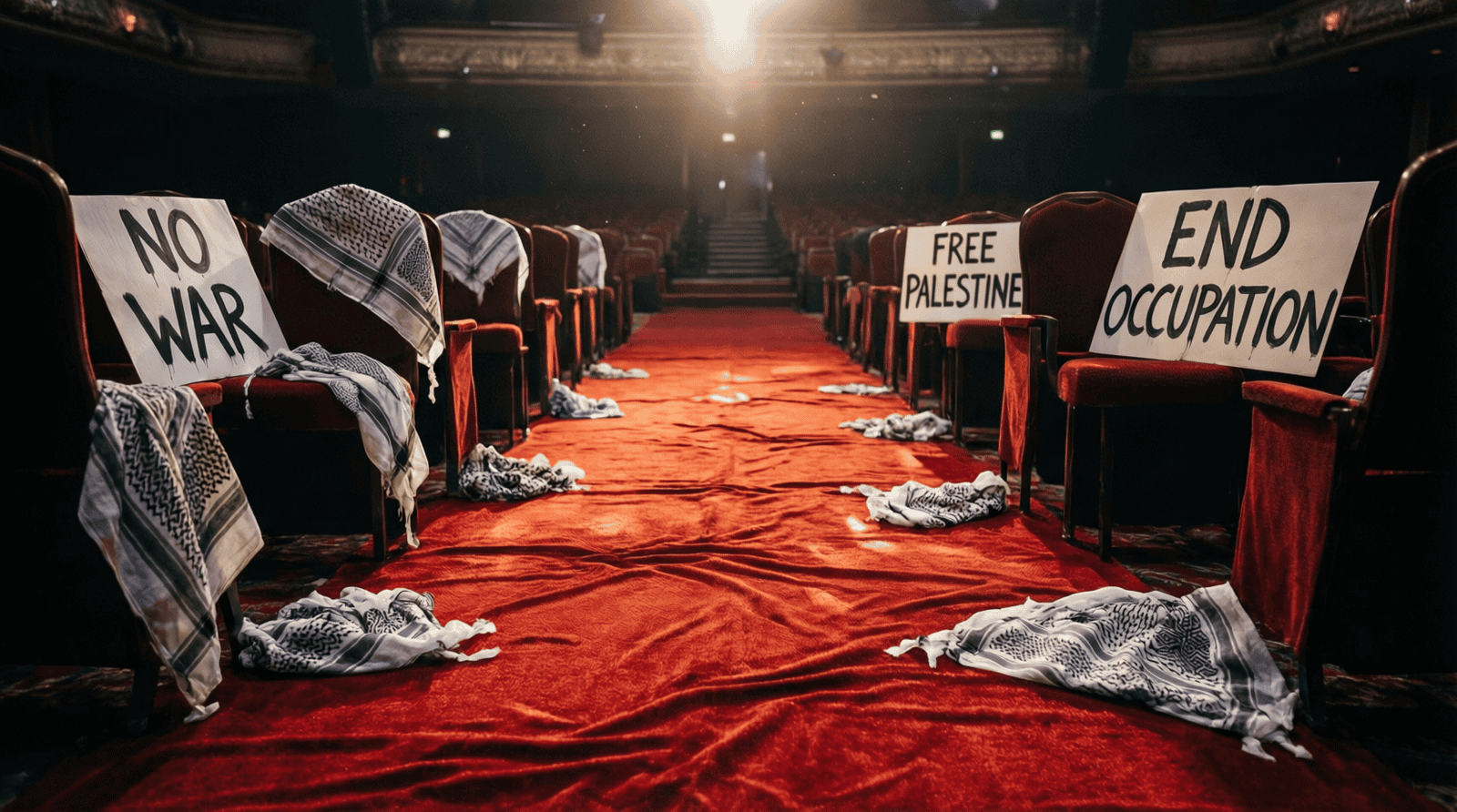 Foule brandissant des keffiehs et des pancartes pro-palestiniennes devant un palais de festival de cinéma illuminé