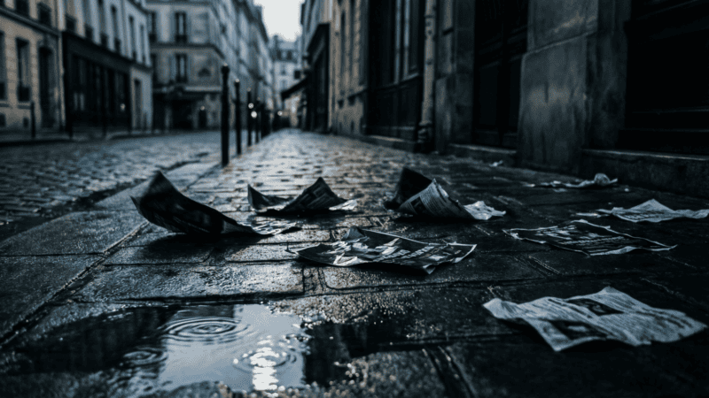 Tracts de protestation éparpillés sur des pavés mouillés à l'aube, ambiance urbaine française — Semaine Noire 2026