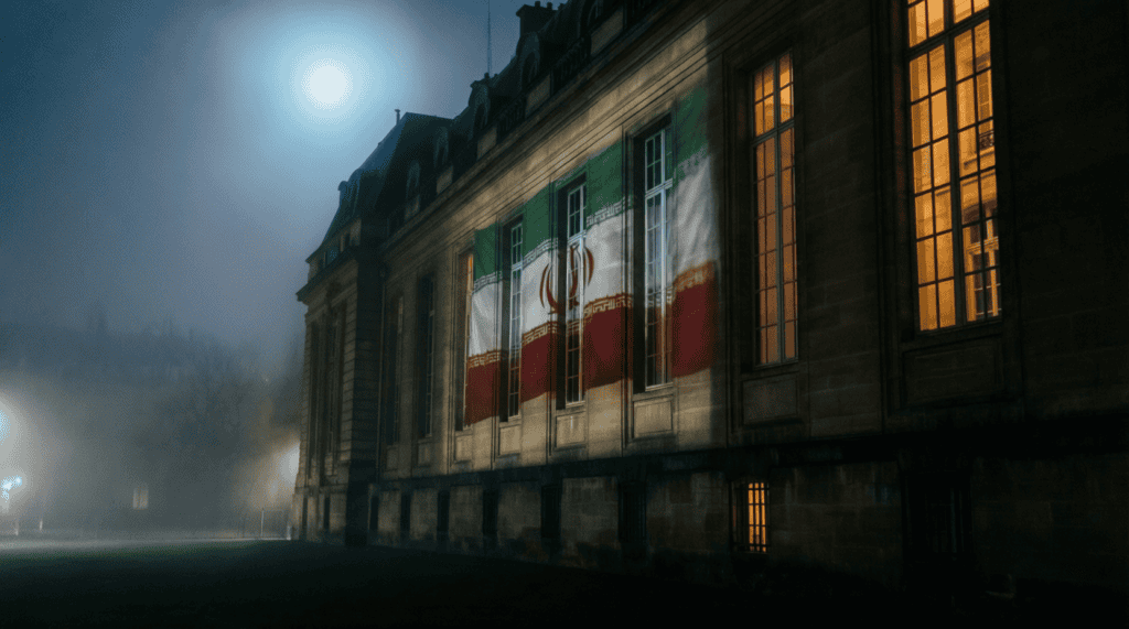 Iran France diplomatie soumission - bâtiment diplomatique français la nuit, ombres dramatiques