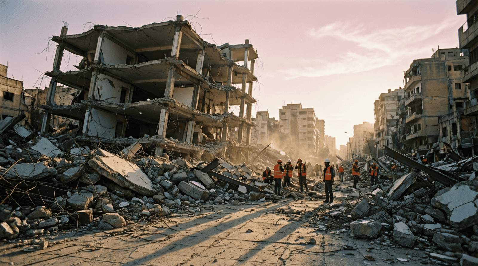 Bâtiment en ruines à Beyrouth après un attentat, décombres et gravats
