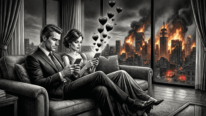 Dessin de presse satirique : couple glamour scrollant leurs téléphones dans un penthouse pendant que la ville brûle derrière eux