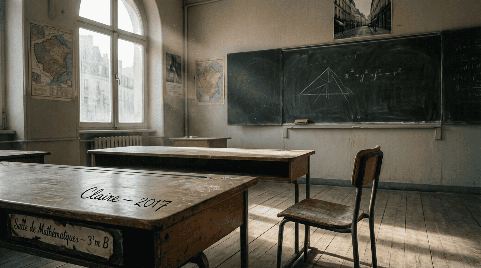 Fenêtre d'Overton et autocensure — salle de classe française vide à la lumière du matin