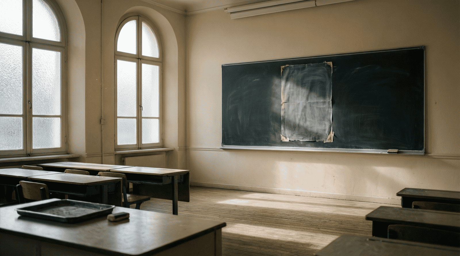 Salle de classe vide avec un tableau noir portant la trace d'une affiche retirée — fenêtre d'Overton et autocensure