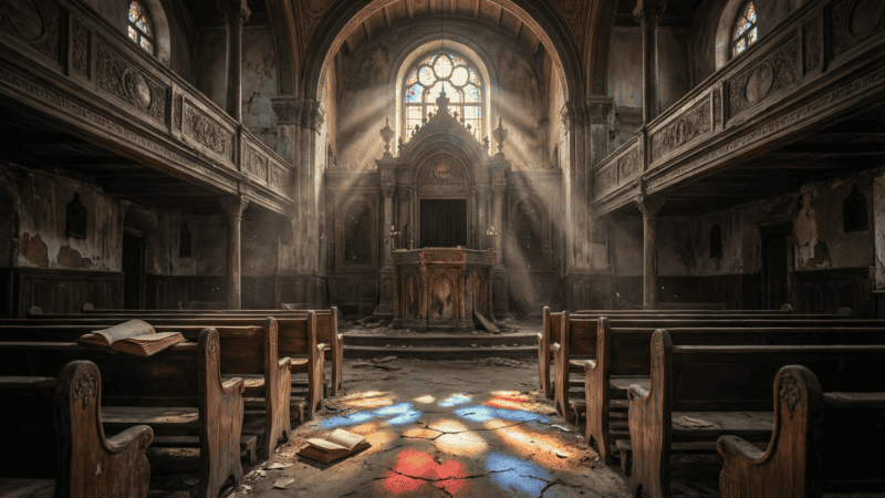 Intérieur d'une synagogue abandonnée, symbole de l'effacement juif lié à la montée de LFI et de l'antisémitisme