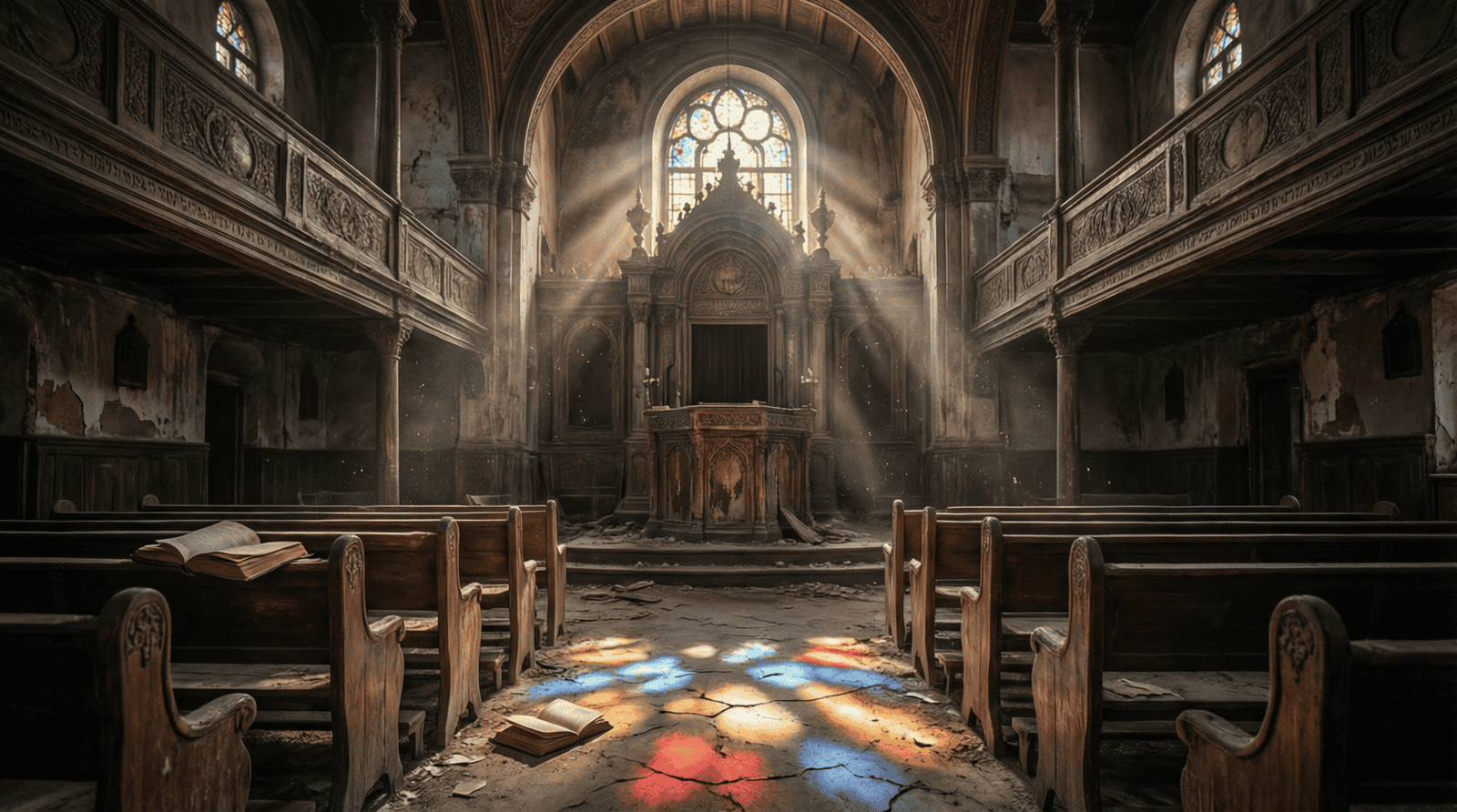 Intérieur d'une synagogue abandonnée, symbole de l'effacement juif lié à la montée de LFI et de l'antisémitisme