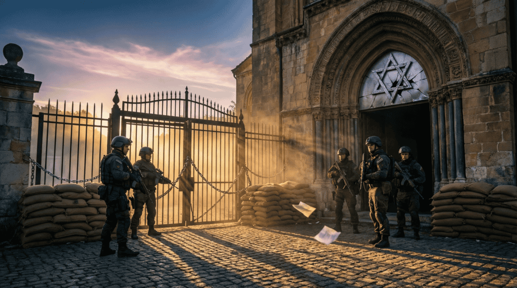 Soldats armés devant une synagogue européenne, sécurité lieux de culte Europe Pâques 2026