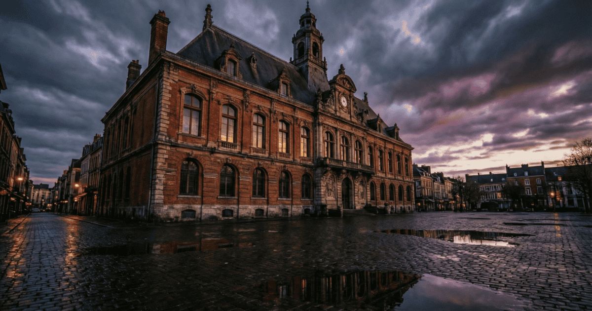 Guiraud Roubaix : mairie de Roubaix au crépuscule, bâtiment imposant et place vide