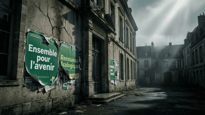 Mairie française déserte avec affiches écologistes, municipales 2026 écologistes