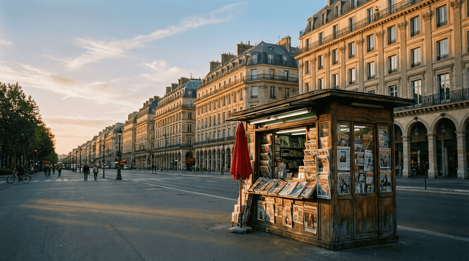 Kiosque à journaux sur un boulevard parisien avec immeubles haussmanniens