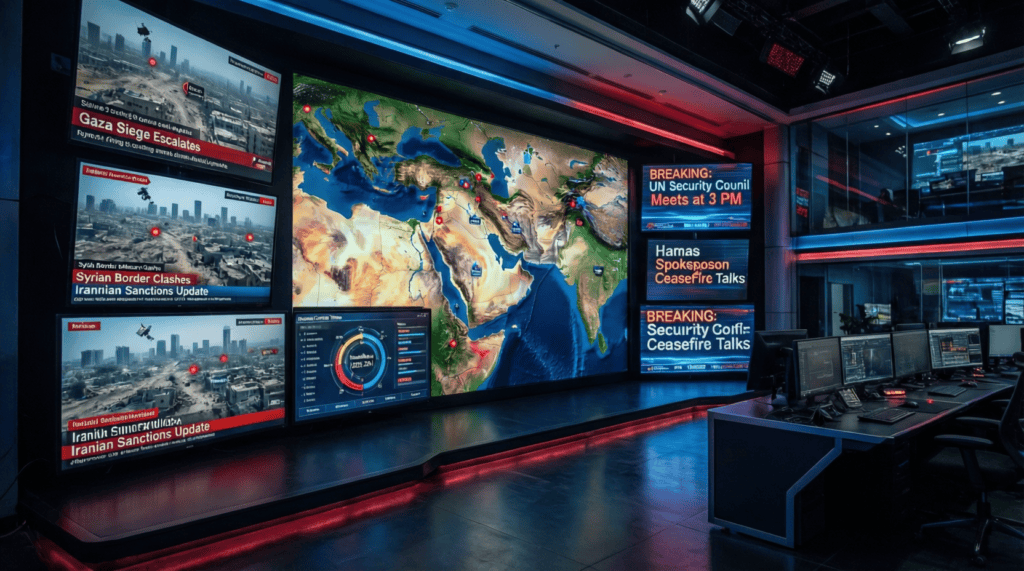 Salle de rédaction BFM TV Iran avec écrans multiples et bandeaux d'alerte