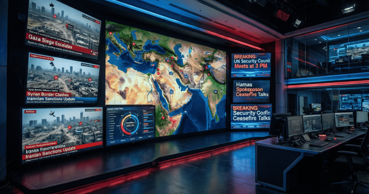 Salle de rédaction BFM TV Iran avec écrans multiples et bandeaux d'alerte