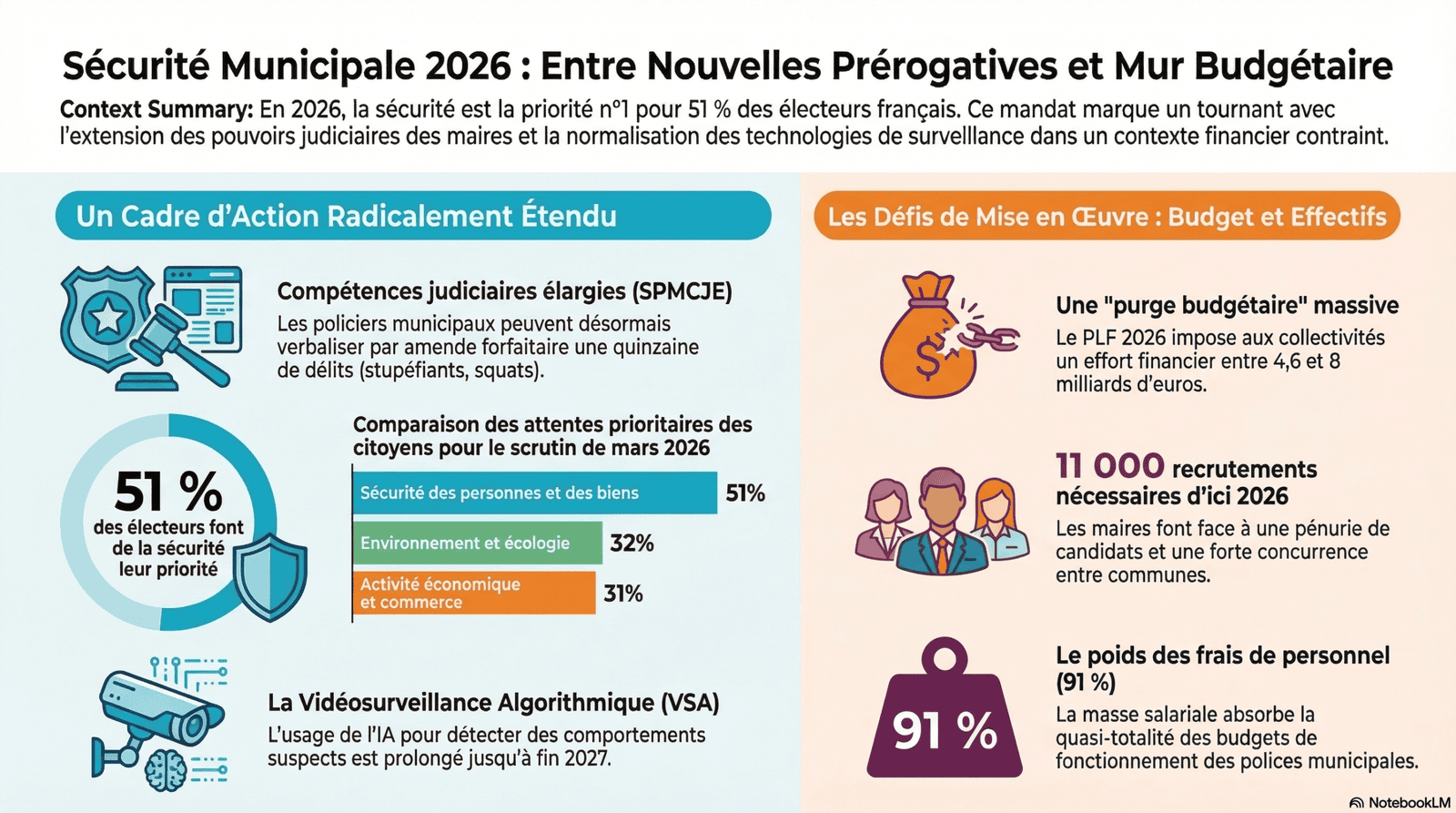 Infographie sur la sécurité municipale 2026 montrant 51 % de priorité, vidéosurveillance algorithmique et recrutements