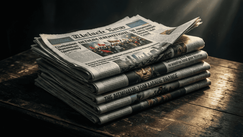 Nécrologie Khamenei dans le New York Times, journaux sur un bureau sombre