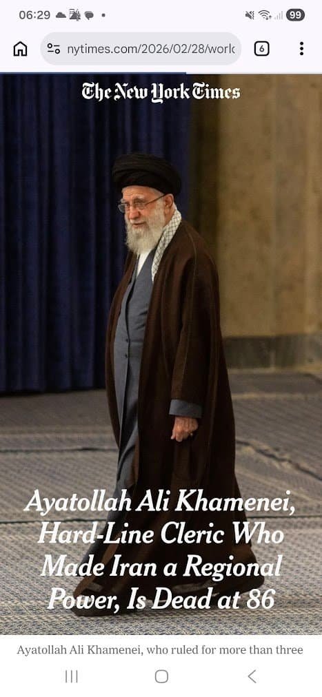 Capture d'écran de la nécrologie Khamenei dans le New York Times : Hard-Line Cleric Who Made Iran a Regional Power