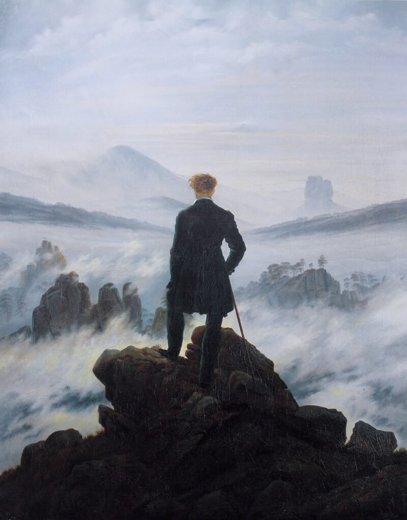 Le ressentiment comme poison : un homme seul face à l'immensité, entre gratitude et amertume — Caspar David Friedrich, 1818