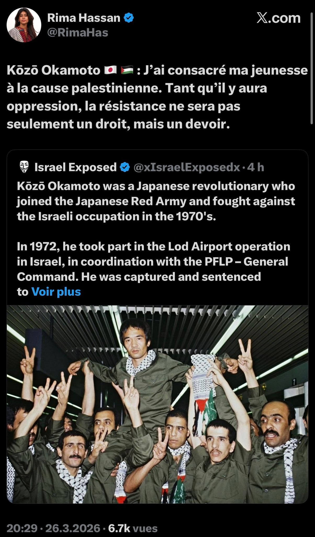 Capture d'écran du tweet de Rima Hassan glorifiant Kōzō Okamoto, publié le 26 mars 2026