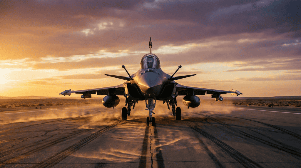 Rafale F5 Émirats - avion de combat français sur une piste désertique au crépuscule