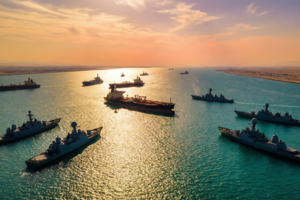 Détroit d'Ormuz vu du ciel avec pétroliers et navires de guerre, cessez-le-feu Iran 2026