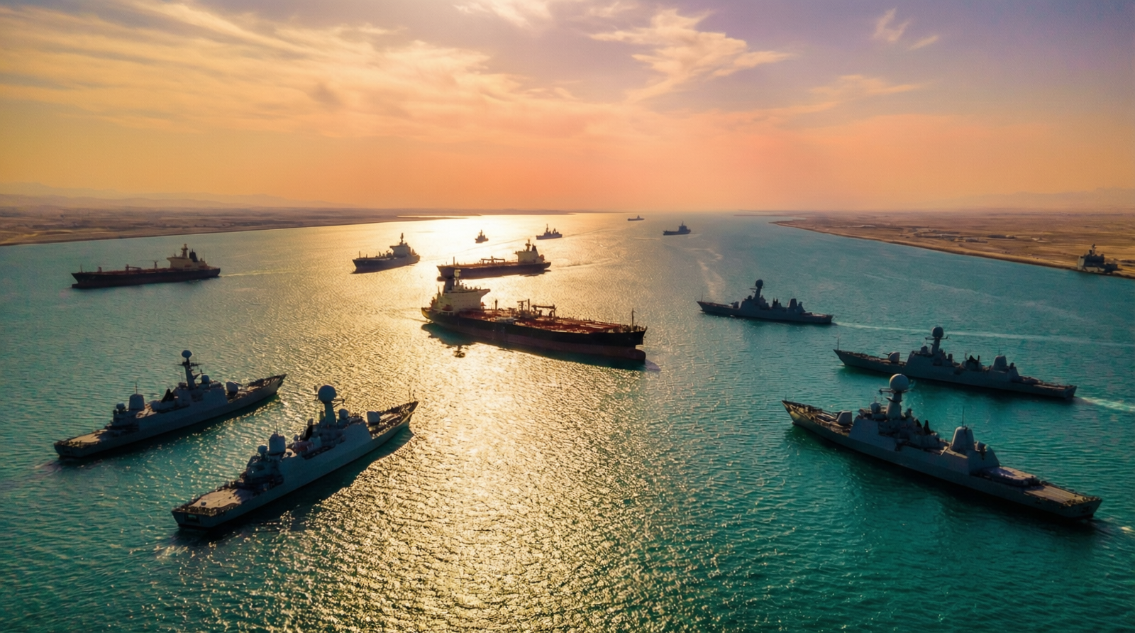 Détroit d'Ormuz vu du ciel avec pétroliers et navires de guerre, cessez-le-feu Iran 2026