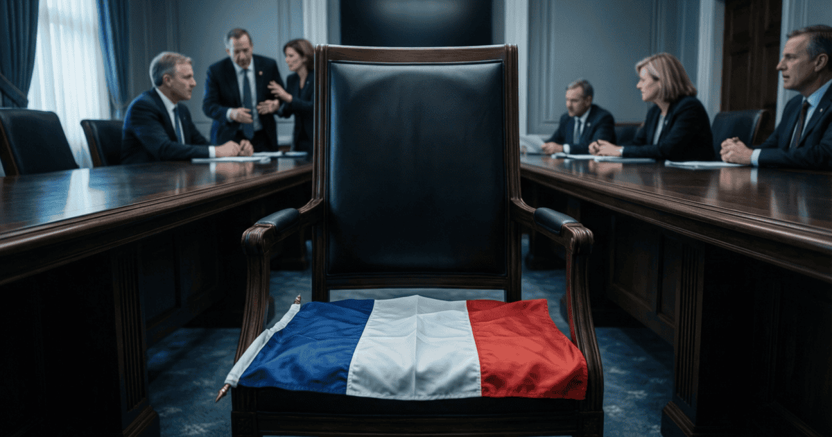 Drapeau français replié sur une chaise vide devant une table de négociation à Washington