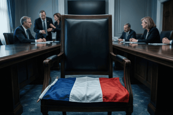 Drapeau français replié sur une chaise vide devant une table de négociation à Washington