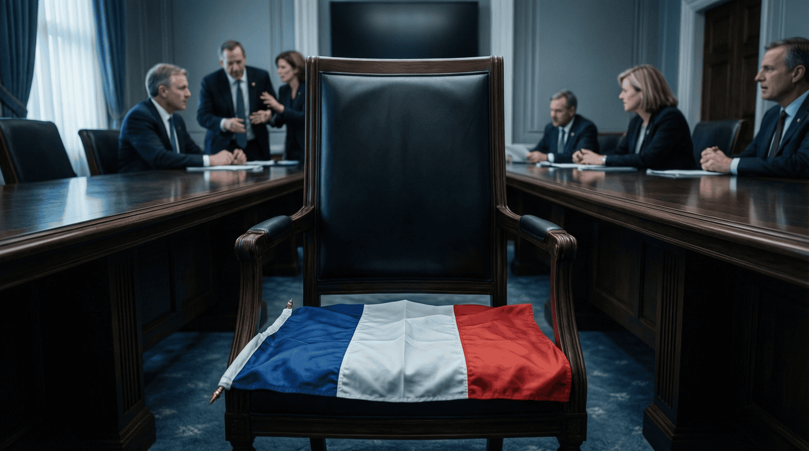 Drapeau français replié sur une chaise vide devant une table de négociation à Washington