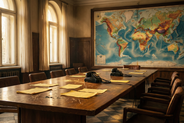 Salle de conférence vide évoquant la conférence de Bandoung de 1955 et ses principes trahis