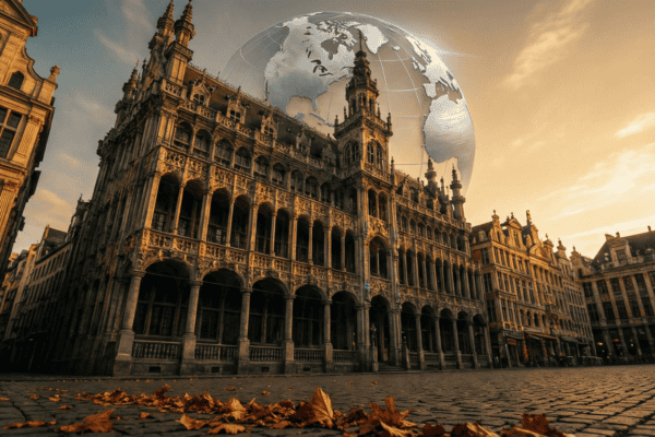 Hôtel de ville européen majestueux en contre-plongée avec globe terrestre en surimpression, symbole de l'hubris géopolitique municipale