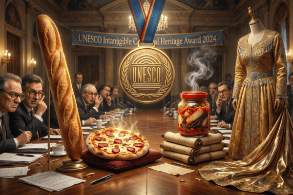 Illustration satirique d'objets culturels en compétition pour une médaille UNESCO : baguette, pizza, kimchi et costume de mariée algérien