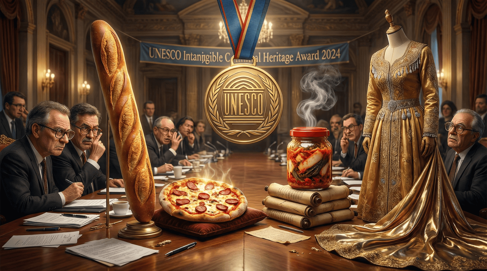 Illustration satirique d'objets culturels en compétition pour une médaille UNESCO : baguette, pizza, kimchi et costume de mariée algérien