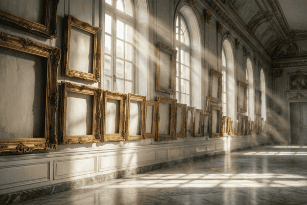 Galerie de musée française avec cadres dorés vides, symbole du débat sur la restitution des œuvres coloniales